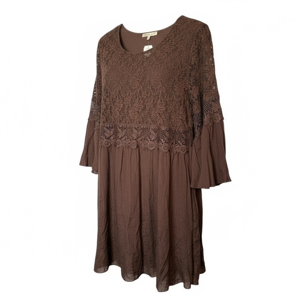 Indigo‎ Soul Mini Dress Womens Medium Brown Gored Crochet Lace Bell Sleeve Boho
